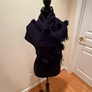 Jennifer Sun Elegant Black Fringe Scarf with Furry Pom Poms